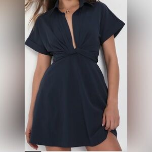 Lulus Breeze By Navy Blue Tie-Back Mini Dress With Pockets size L, NWT
